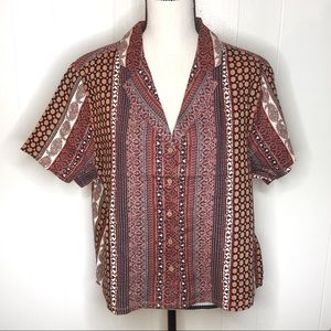 Rachel Zoe 100% Linen Aztec Print Cropped Blouse